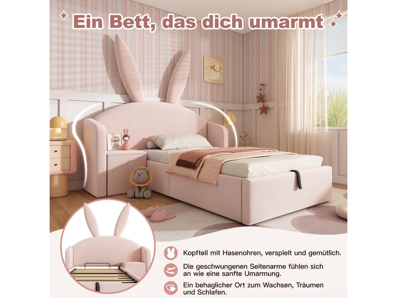  Lit simple 90x200 cm, lit enfant, coffre de rangement, table de chevet, motif lapin, velours rose  - Conforama R