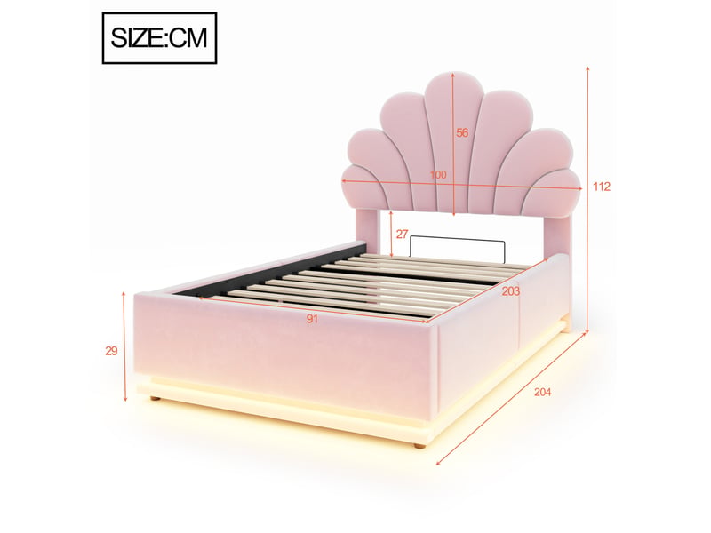  Lit coffre 90 × 200 cm 1 place avec led réglable et tête de lit fleur, sans matelas, en velours rose  - Conforama D