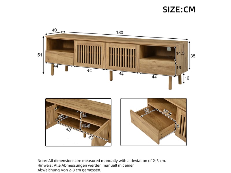  Meuble tv 180 x 40 x 51 cm en mdf bois naturel avec 2 portes et 2 tiroirs  - Conforama E