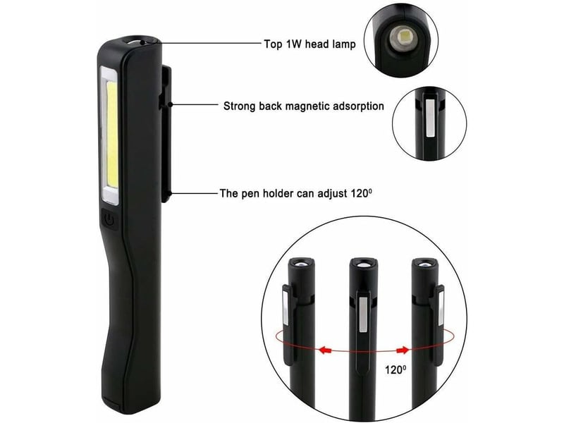 Lampe de travail led rechargeable, 2 pcs 350 lumens lampe mecanicien cob lampe de poche ultra puissante, lampe inspection avec usb cable et clip - Conforama D