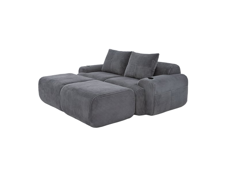 Canapé modulable 2 places avec 2 tabourets, librement combinable, incluant support à boissons et poche latérale de rangement, idéal salon, salle de séjour et autres pièces. Gris foncé - Conforama A