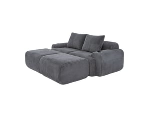 Canapé modulable 2 places avec 2 tabourets, librement combinable, incluant support à boissons et poche latérale de rangement, idéal salon, salle de séjour et autres pièces. Gris foncé
