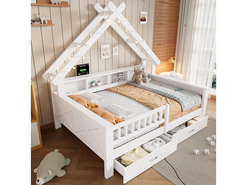  Lit plateforme enfant en bois 140 x 200 cm blanc, forme maison avec led, étagères et tiroirs  - Conforama D