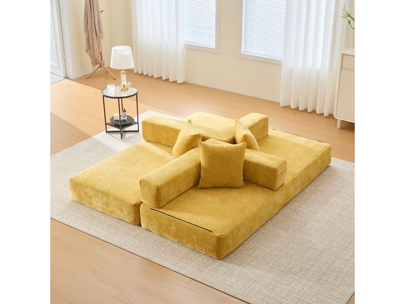  Canapé modulable modenvie 2 places en chenille jaune moutarde avec poches latérales et base antidérapante 198 x 79 x 60 cm  - Conforama E