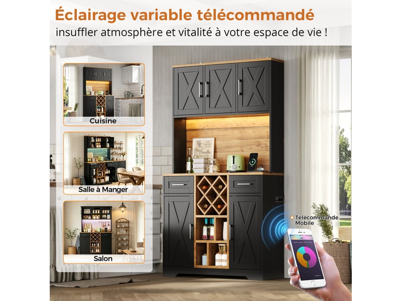  Buffet haut de cuisine 105x40x180 cm naturel et noir, mdf avec led rgb, 2 tiroirs et casier à vin amovible  - Conforama E