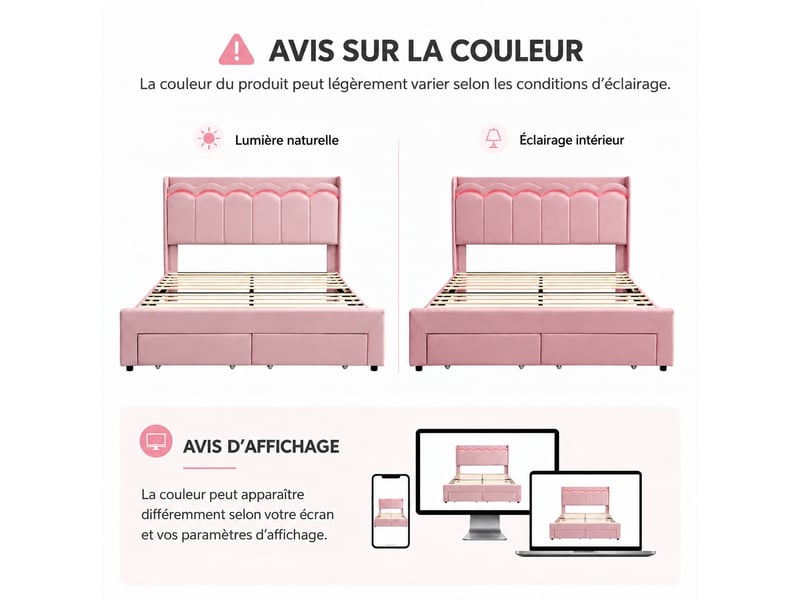 Lit double 140x200 cm avec éclairage led, lit rembourré, lit enfant, tête de lit avec espace de rangement, rose - Conforama E