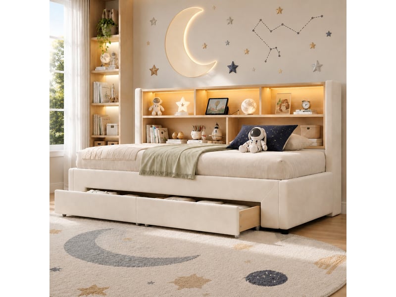  Lit simple 90x200 cm avec tiroirs et éclairage led en velours beige  - Conforama B