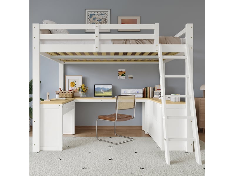  Lit mezzanine enfant 140x200 cm, avec bureau en u, deux tiroirs, rangements, bois et mdf, blanc naturel, sans matelas  - Conforama B