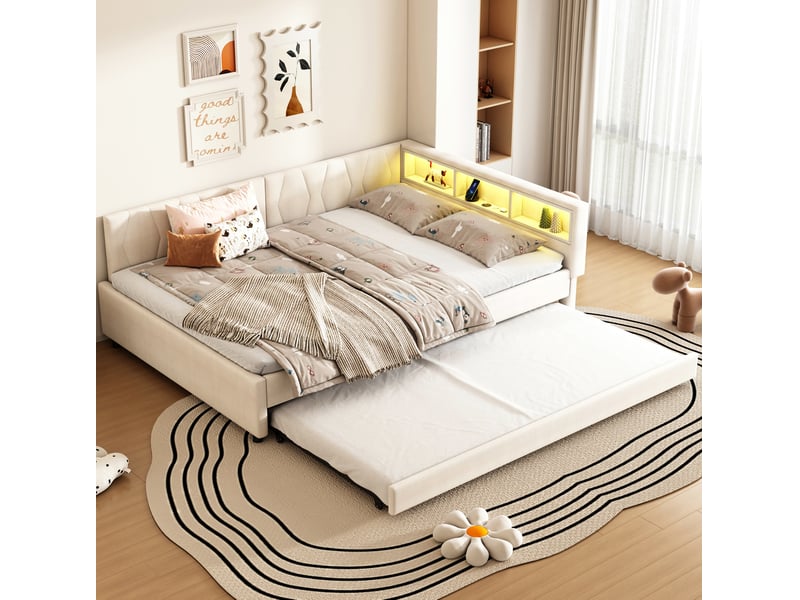 Lit gigogne 140x200 cm avec led et ports usb en lin beige - Conforama D