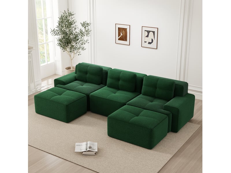 Canapé modulable en u 3 places en velours côtelé vert, sans montage, pour un salon convivial et confortable  - Conforama E