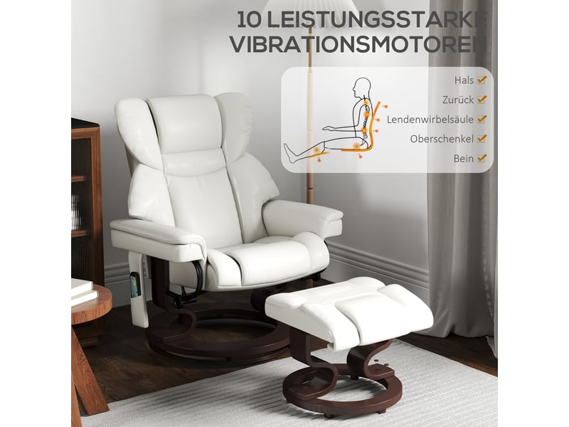  Fauteuil relax électrique avec repose-pieds, massage 10 points, pivotant à 360°, simili cuir blanc crème pour salon  - Conforama B