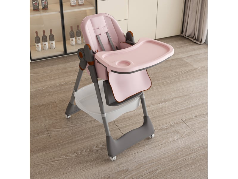  Chaise haute bébé pliable réglable avec plateau amovible, harnais 5 points et roulettes verrouillables en polypropylène rose  - Conforama B