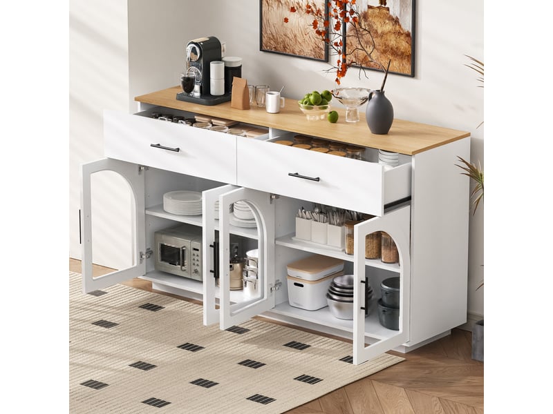  Buffet de cuisine avec plan de travail effet bois, 2 tiroirs, portes vitrées cintrées, meuble vaisselier, coloris blanc Fay Lum - Conforama E