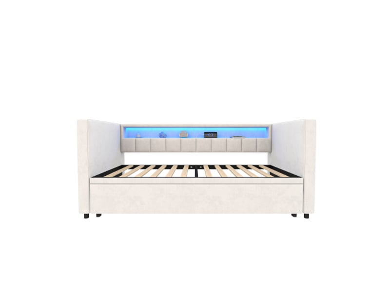  Canapé-lit 90x190 multifonction usb-c led, velours beige avec rangement – salon et chambre d’amis  - Conforama D