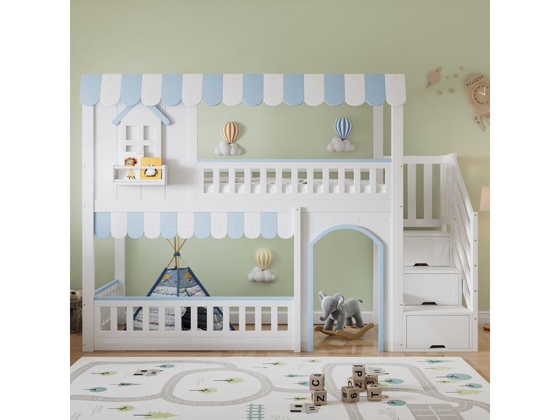Lit superposé blanc et bleu 90×200 cm, pin, mdf, contreplaqué, escalier avec rangement, fenêtres et sommier à lattes - Conforama B