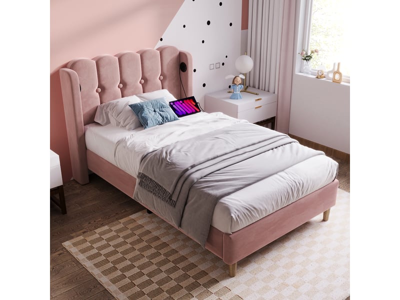  Lit coffre - 90x200cm - beige - a lattes - contemporain - design  - Conforama W
