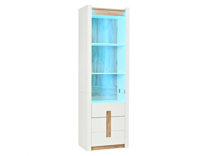 Vitrine blanche 200 cm avec éclairage led, bibliothèque 3 tiroirs 3 rangements, séparateur réglable, salon cuisine salle à manger 55x40x200 cm - Conforama A