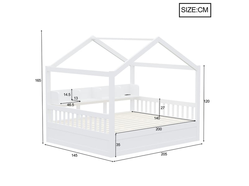  Lit cabane en bois, 140 × 200 cm, avec coffre de rangement hydraulique, toit et barrière de sécurité, blanc  - Conforama C