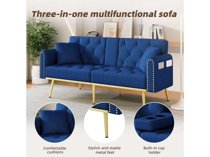  Canapé dossier doublement dépliable fonction couchage trois angles d’inclinaison réglables porte-gobelet revêtement tissu coloris bleu  - Conforama E