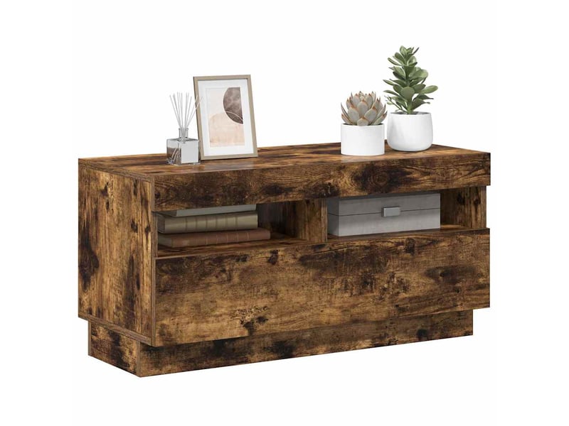  Meuble tv - banc tv - meuble de rangement avec lumières led chêne fumé 80x35x40 cm  - Conforama D