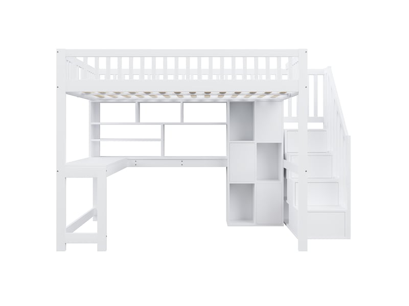 Lit mezzanine blanc 140x200 cm, led, bureau, escalier-rangement et étagères - Conforama A