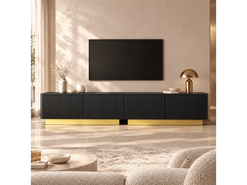  Meuble tv avec rangement fermé, passe-câbles et façade rainurée moderne pour salon, 200×40×35 cm, en mdf, noir  - Conforama C