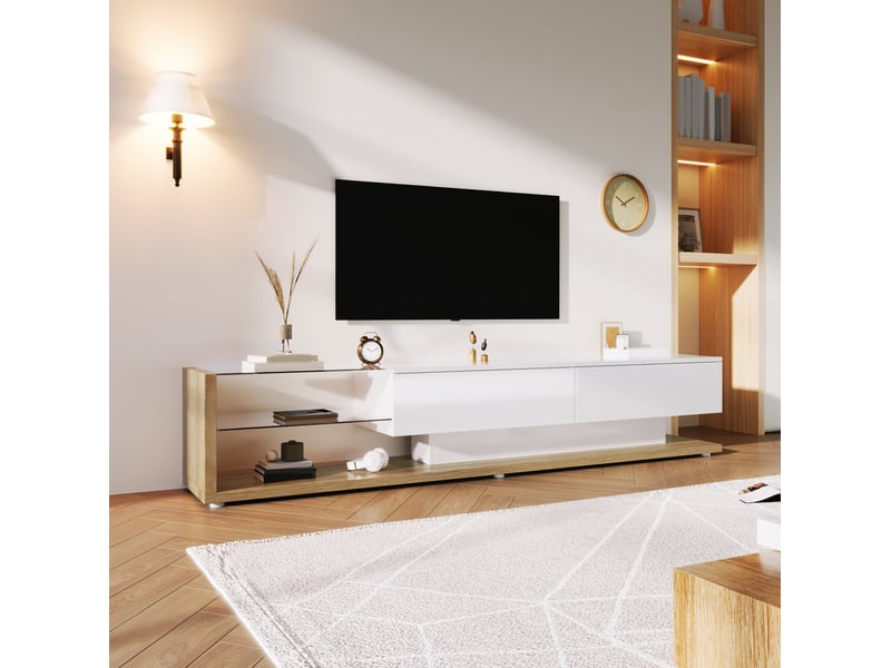  Meuble tv modenvie blanc brillant décor bois 170 x 36 x 38 cm avec led et 2 tiroirs  - Conforama E