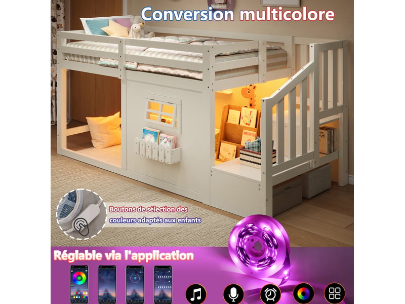 Lit mezzanine 90x200 cm, escalier de rangement, fenêtre, led, pin et mdf, blanc et naturel, sans matelas - Conforama E