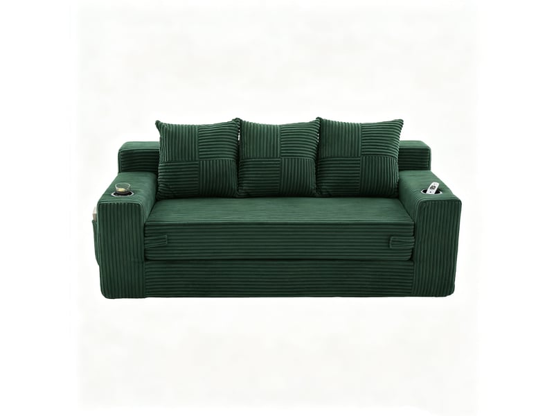  Canape droit 3 places, sans structure rigide en velours côtelé, porte-gobelets et poches, 172 × 87 × 64 cm, vert émeraude YXY-0915-1 - Conforama A