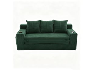 Canape droit 3 places, sans structure rigide en velours côtelé, porte-gobelets et poches, 172 × 87 × 64 cm, vert émeraude