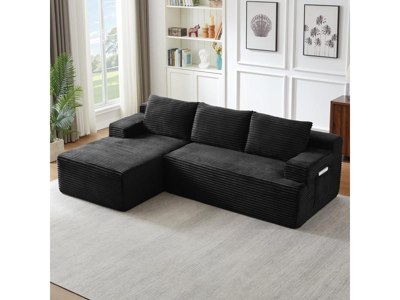 Canapé 4 places - 238x152x66cm - modulable sans montage avec méridienne gauche et tissu velours côtelé - noir - Conforama C