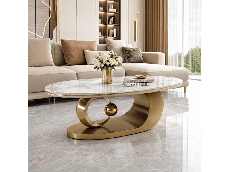  Table basse ovale 120x67x41 cm en plateau aspect marbre blanc et structure en métal doré, design élégant  - Conforama B