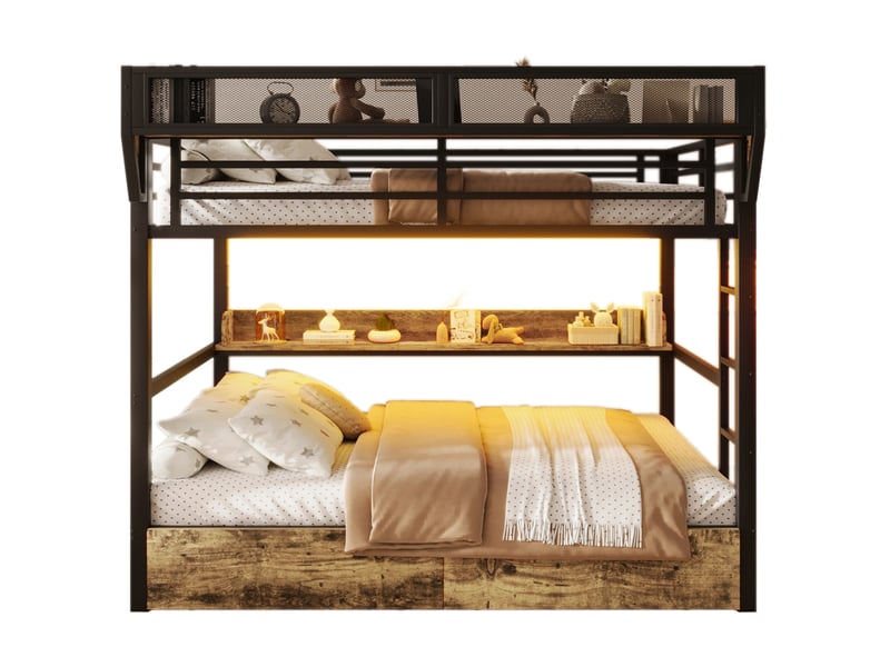  Lit superposé 140x200 cm avec 2 tiroirs, lit enfant avec led et panier de rangement, mdf et métal, noir, sans matelas  - Conforama A