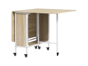Table de salle à manger pliante pour 6 personnes maximum avec étagère, en bois et métal, 130 x 80 x 74 cm, coloris blanc et bois.