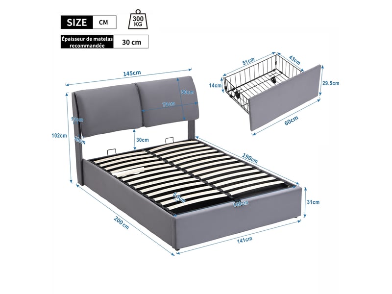  Lit coffre hydraulique 140 x 190 cm, lit double avec tête de lit rembourré et 3 tiroirs, velours gris  - Conforama C
