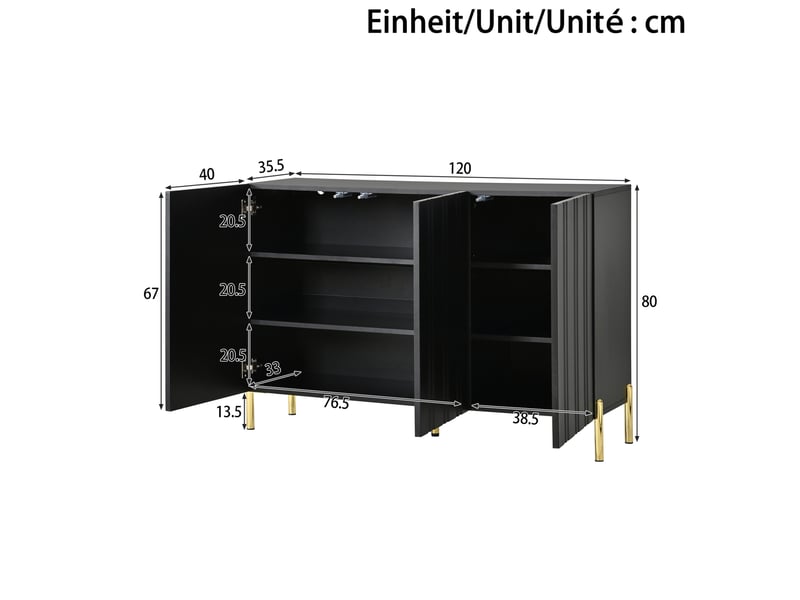 Meuble à chaussures avec 3 portes et étagères réglables, pieds en métal doré, pour entrée, noir, 120 × 35,5 × 80 cm - Conforama D