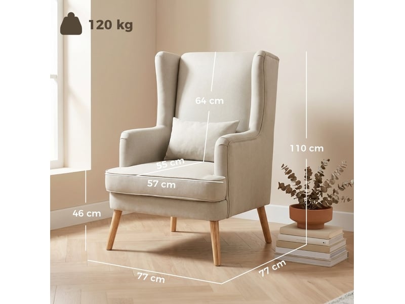  Fauteuil à haut dossier en tissu aspect lin beige avec coussin lombaire  - Conforama C