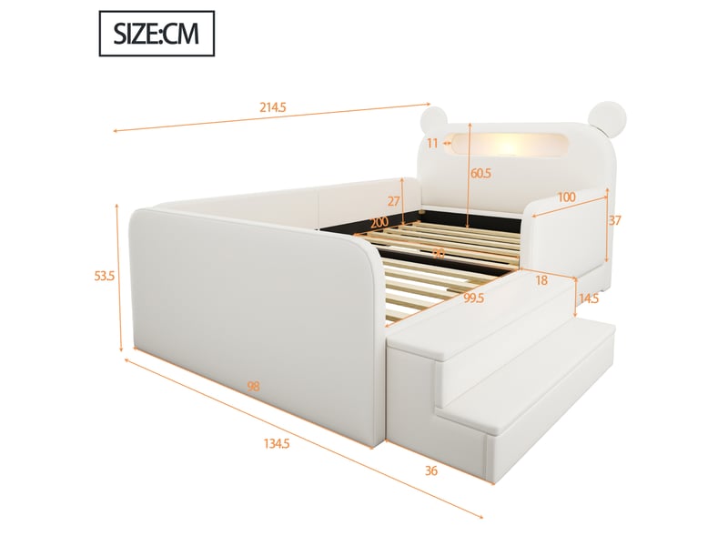  Lit enfant 90x200 cm avec tête de lit décorative, rangement et veilleuse usb, polyuréthane, couleur blanc, sans matelas  - Conforama C