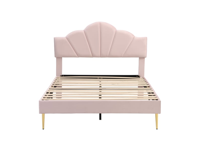  Velours, lit rembourré, 140*190 cm, lit double, lit en forme de coquille avec pieds en fer doré, tête de lit réglable en hauteur, sommier à lattes en bois, rose  - Conforama D