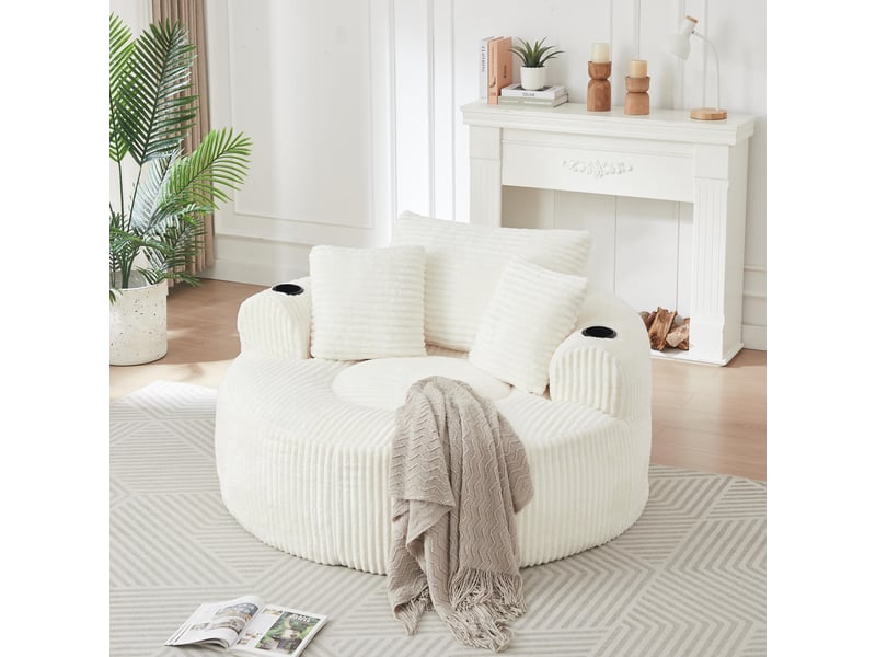 Fauteuil 2 places - 142x142x63 cm - fauteuil poire indépendant en velours côtelé avec 3 coussins et 2 porte-gobelets - blanc - Conforama D