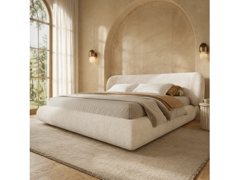  Lit rembourré 160 × 200 cm 2 places avec tête de lit, coins arrondis, sans matelas, en chenille beige  - Conforama B
