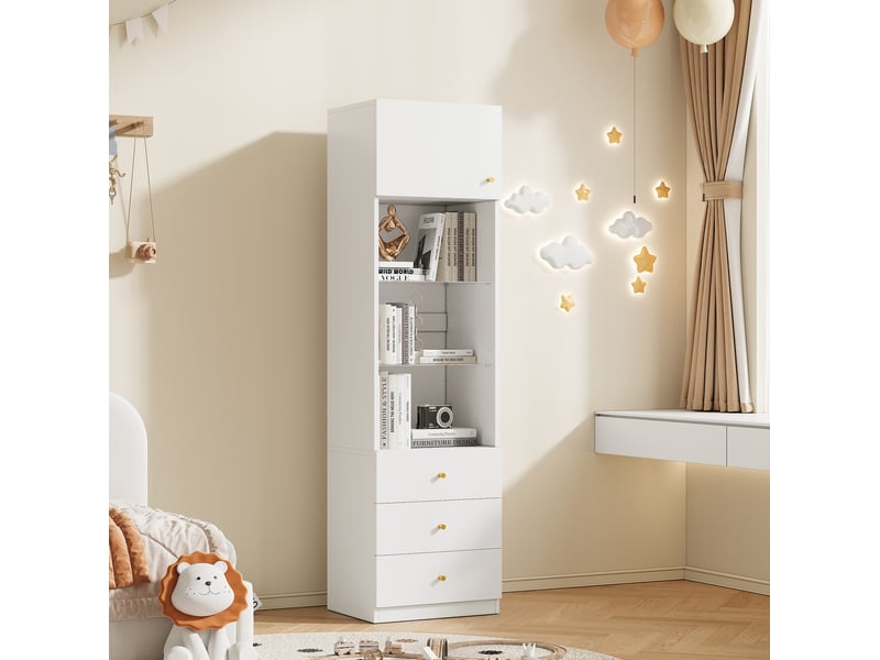  Bibliothèque murale blanche 50x40x180 cm - meuble rangement avec vitrine ouverte et tiroirs réglables hauteur  - Conforama B