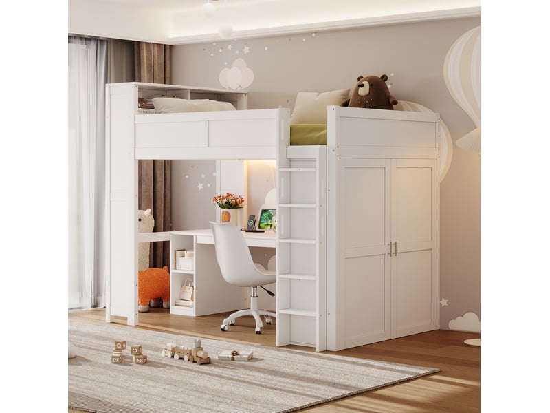  Lit mezzanine tcqpz 90 x 200 cm avec bureau rangements armoire usb led blanc  - Conforama B