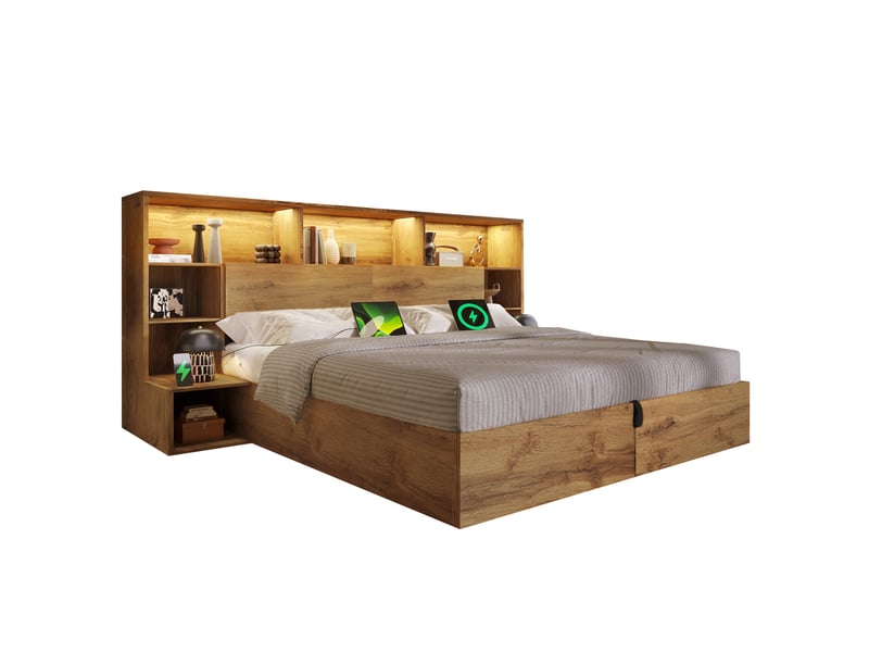  Lit coffre 160x200 cm, rangement hydraulique, 2 tables de chevet intégrées, tête de lit avec étagère, led, usb et usb-c, mdf, métal, effet chêne OMNIGLINT TRADING LTD - Conforama A