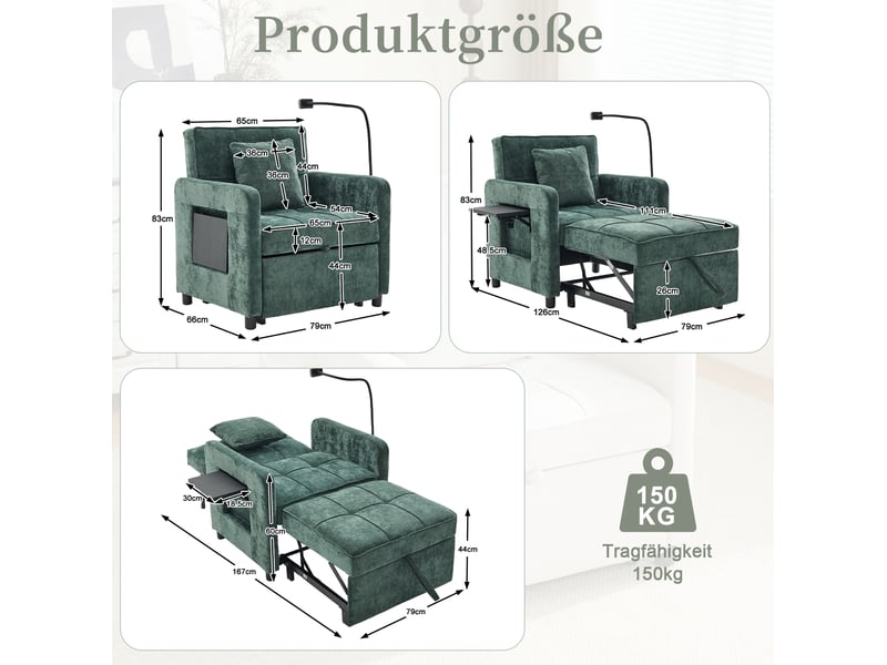 Fauteuil convertible 2 en 1 avec dossier réglable, rangements, tablette et support téléphone en chenille verte - Conforama D