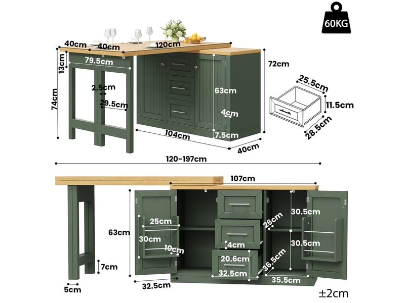  Îlot de cuisine multifonction, plateau extensible pivot 360° 3 tiroirs grande capacité étagère snack, cuisine, mdf, vert ABC - Conforama C