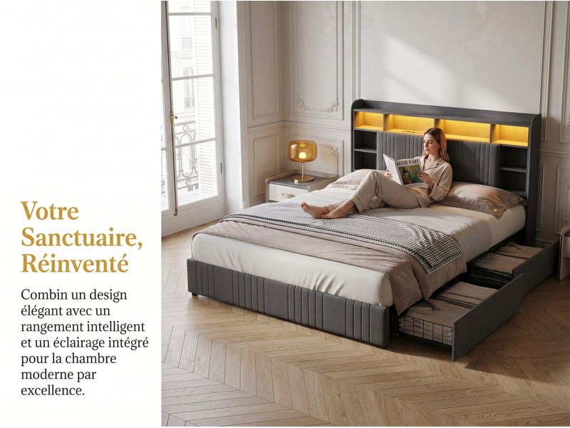  Lit 2 places 140x200 cm - avec éclairage led et tiroirs - tête de lit avec étagères - sommier inclus  - Conforama E