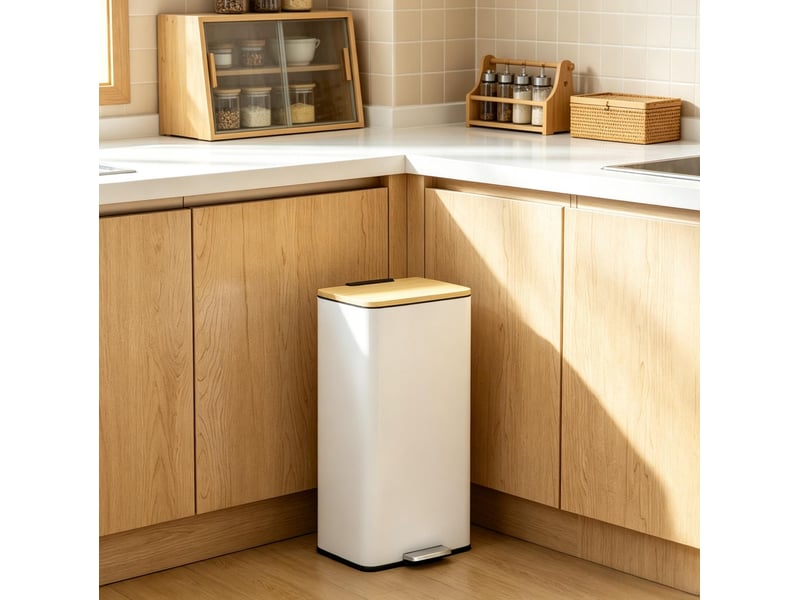 Poubelle de cuisine 20 l blanche en métal avec couvercle en bambou, pédale et fermeture douce, seau amovible - Conforama E