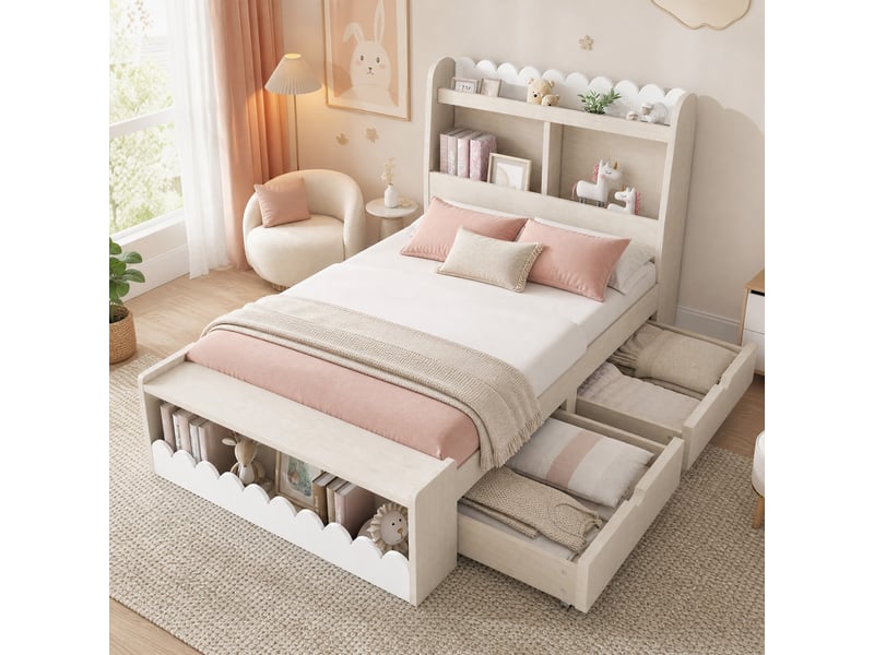  Lit enfant 90 x 190 cm blanc et chêne clair avec tiroirs, étagères et banc de rangement  - Conforama C