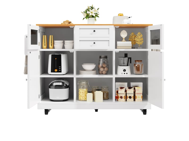 Desserte de cuisine avec 2 portes, 2 tiroirs, plateau rabattable et roulettes freinées en mdf blanc 140×40×93,5 cm - Conforama A